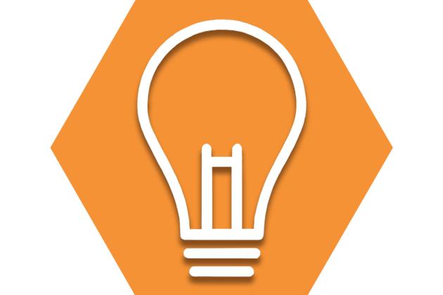 Hexagon with orange background showing outline of a light bulb