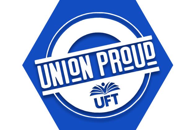 Blue hexagon showing outline of UFT logo and Union Proud