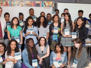 Students and their teachers with Elie Wiesel’s book “Night.”