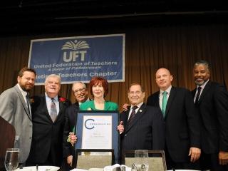 The spotlight is on NYSUT Retiree of the Year award winner Millie Glaberman flan