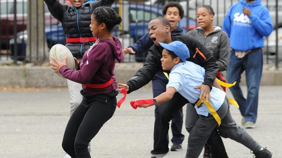 Until the official teams are chosen, girls and boys play together.