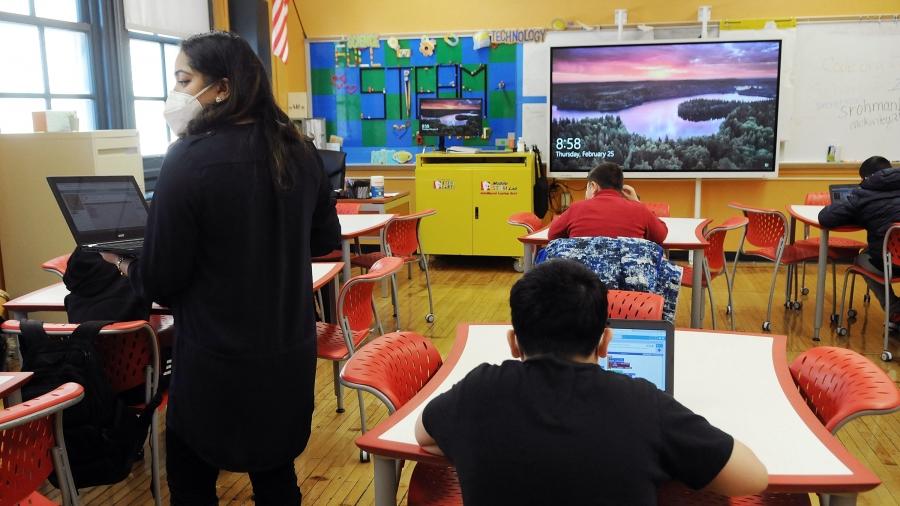 STEM teacher Sharjana Rohman leads her 6th-grade class at JHS 259 in Brooklyn on Feb. 25.