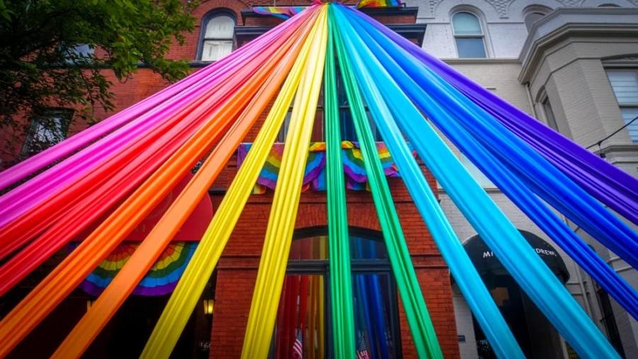 Rainbow streamers across painted building
