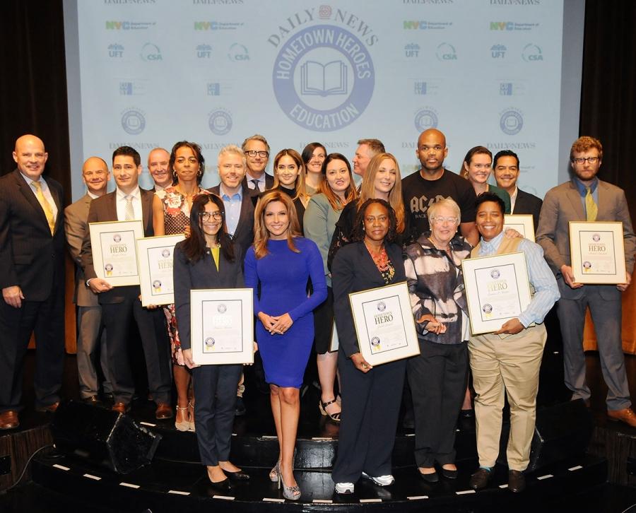 Mulgrew (far left) and Schools Chancellor Carmen Fariña (front, second from righ