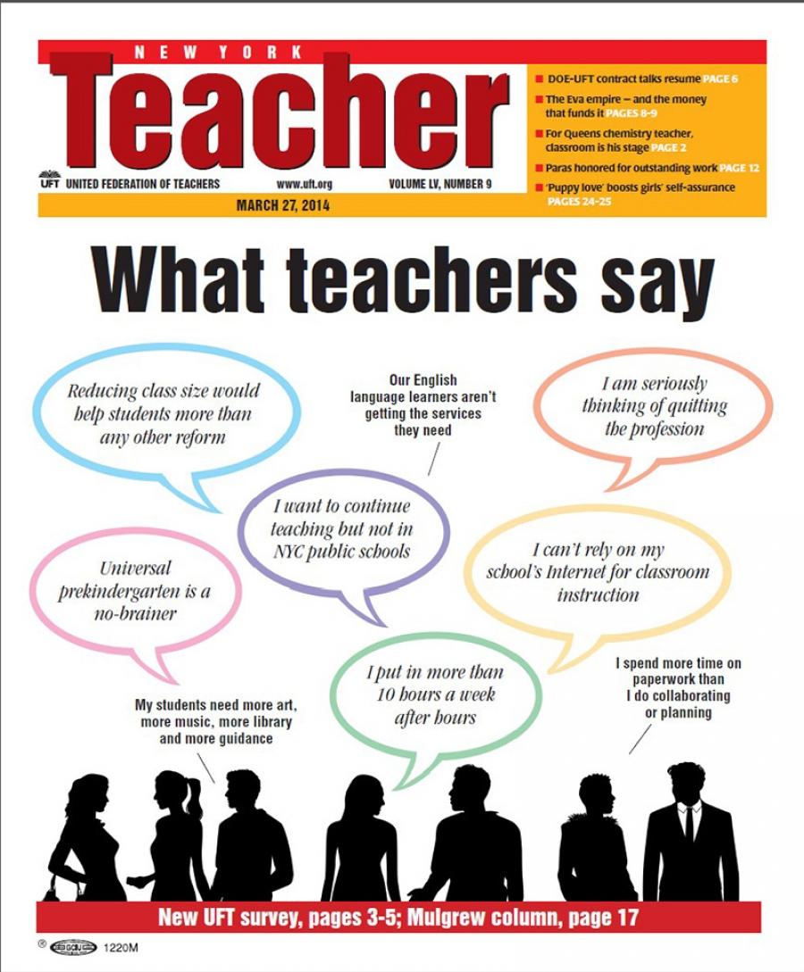 New York Teacher cover, March 27, 2014 - "What teachers say"