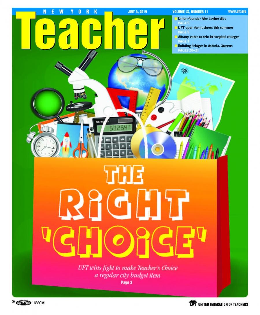 Shopping bag captioned, "The right Choice" filled with school supplies.