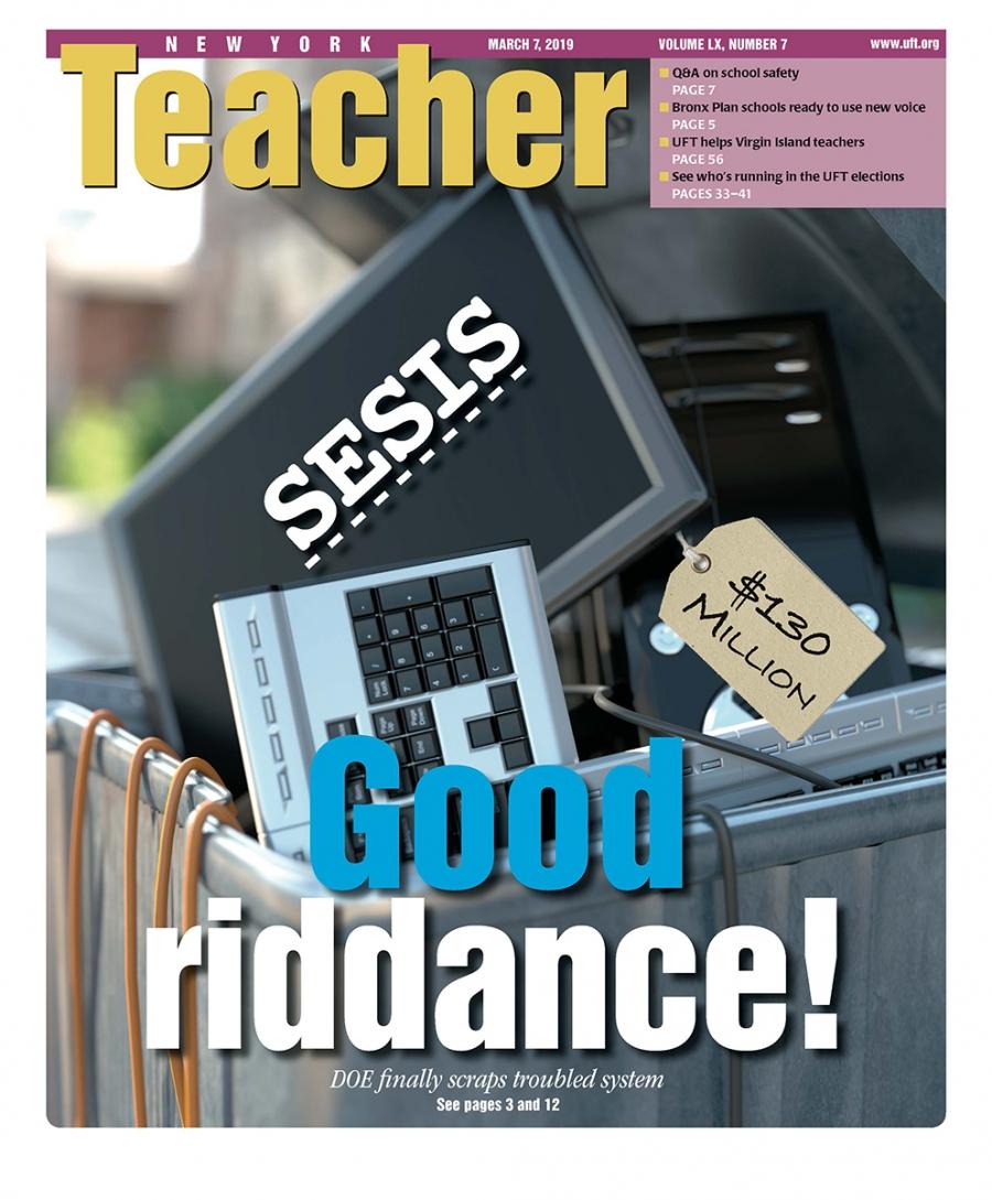 Cover with computers in the trash and the word SESIS, Good Riddance