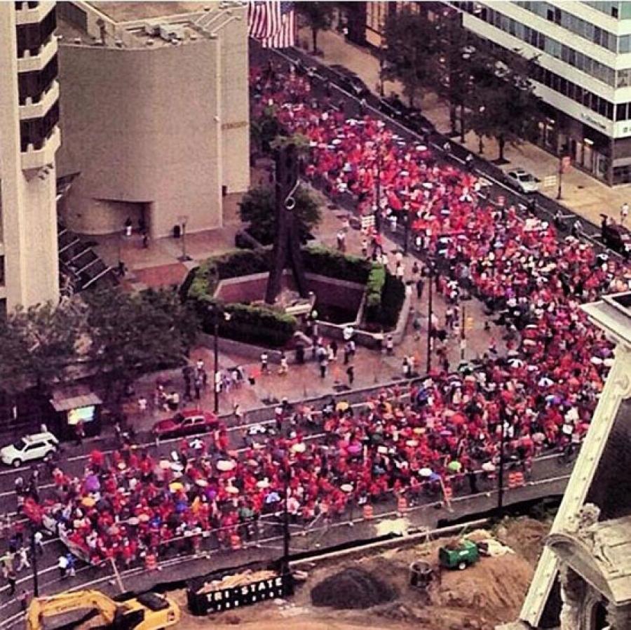Protesters wrap around the block at the rally in August to fully fund education 