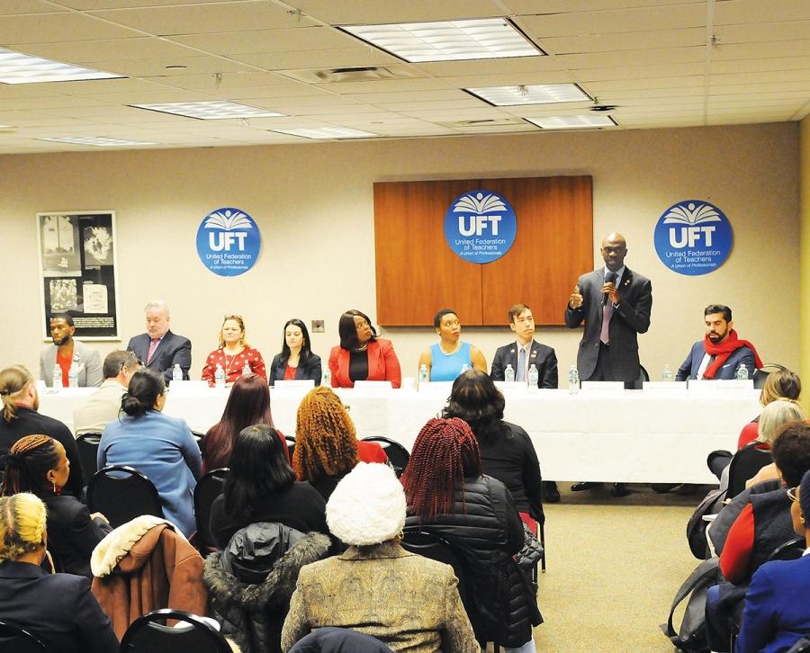 Nine of the candidates for the vacant public advocate post answer questions.