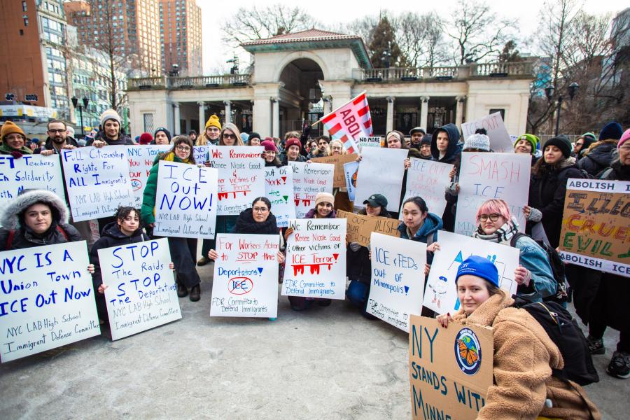 Educators from Claremont International HS in the Bronx, New York City Lab School for Collaborative Studies in Chelsea, and Franklin Delano Roosevelt HS in Borough Park, Brooklyn during a protest standing with Minneapolis on Jan. 23, 2026