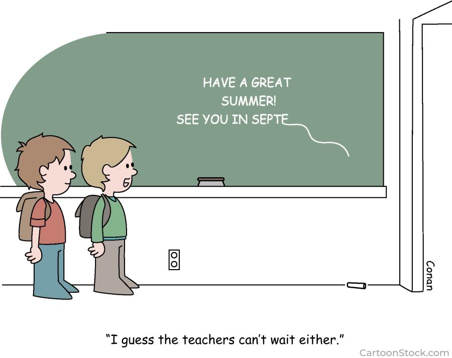 A cartoon of students looking at a chalkboard at the end of the school year 