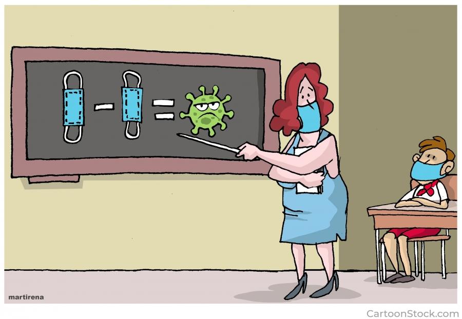 A cartoon of a teacher wearing a mask pointing to a chalkboard explaining the importance of masks. The student also is wearing a mask. 