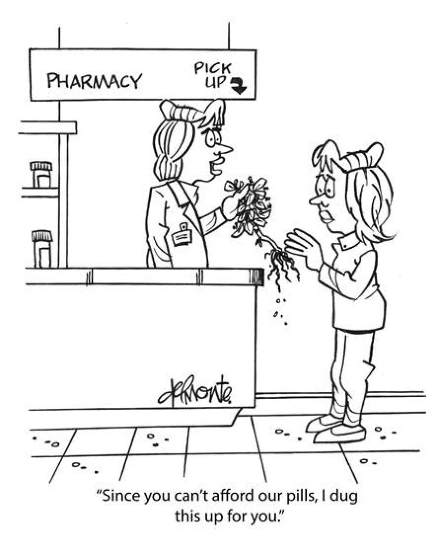 A cartoon illustration of a pharmacist handing a woman what looks to be dug up plants because she can't afford her medication. 