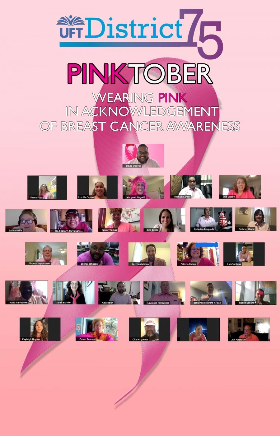 A collection of screenshots of chapter leaders' zoom screens, in which all chapter leaders are wearing pink, set against a graphic backdrop with a pink ribbon and text reading "District 75 Pinktober: Wearing pink in acknowledgement of breast cancer awareness." 