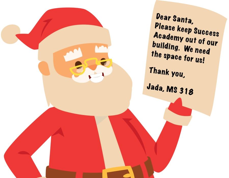 A cartoon image of Santa holding up a note from an NYC student