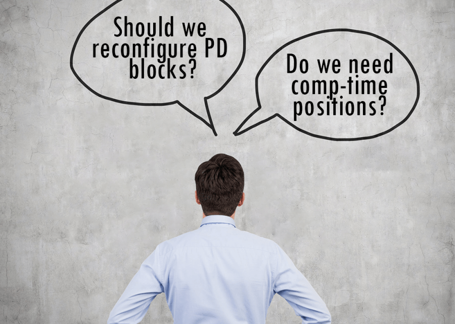 Man with back turned and cartoon bubbles asking whether we should reconfigure PD blocks and if we need comp-time positions.