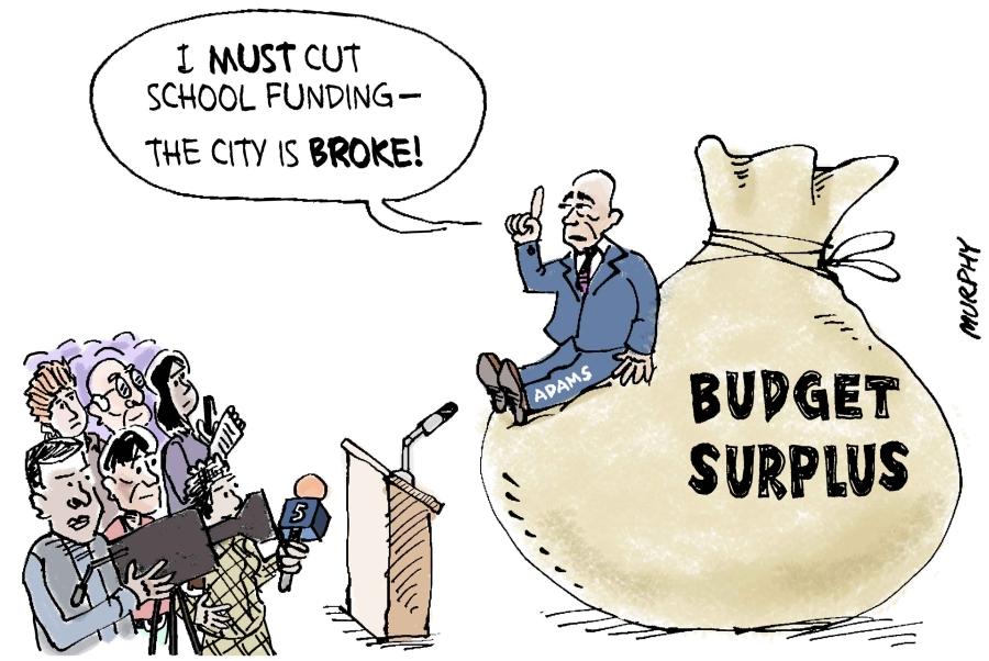 Cartoon of Mayor Adams sitting on a bag of money