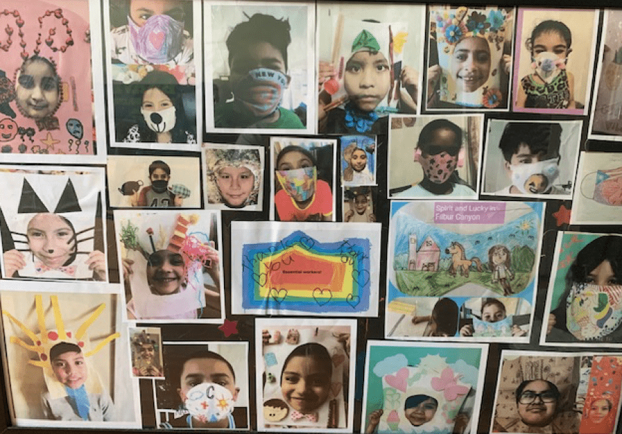 a collage of children holding thank-you signs and wearing homemade masks