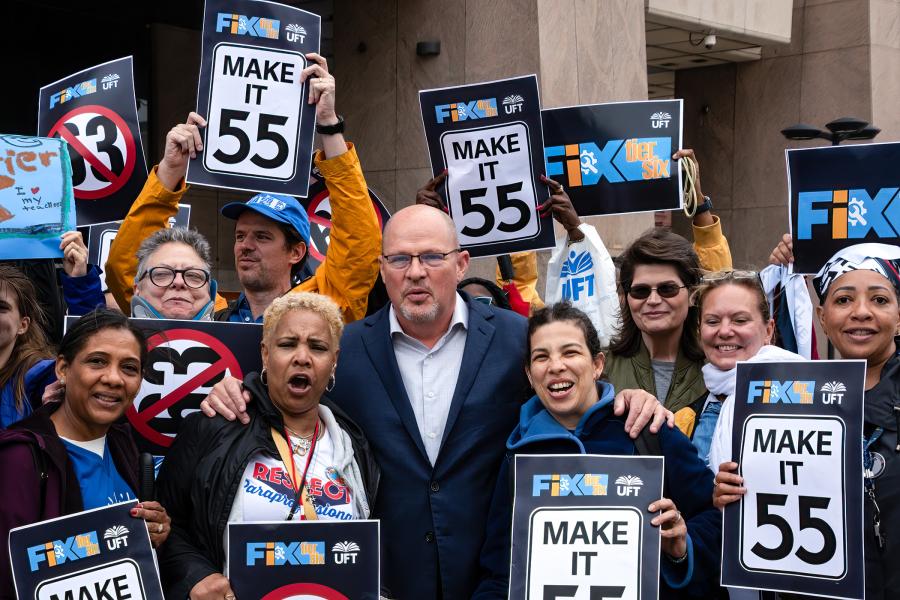 UFT President Michael Mulgrew (center) stands with members who want to improve pensions for Tier 6 educators at the Fix Tier 6 rally outside the Adam Clayton Powell Jr. State Office Building in Harlem on May 6, 2025. 