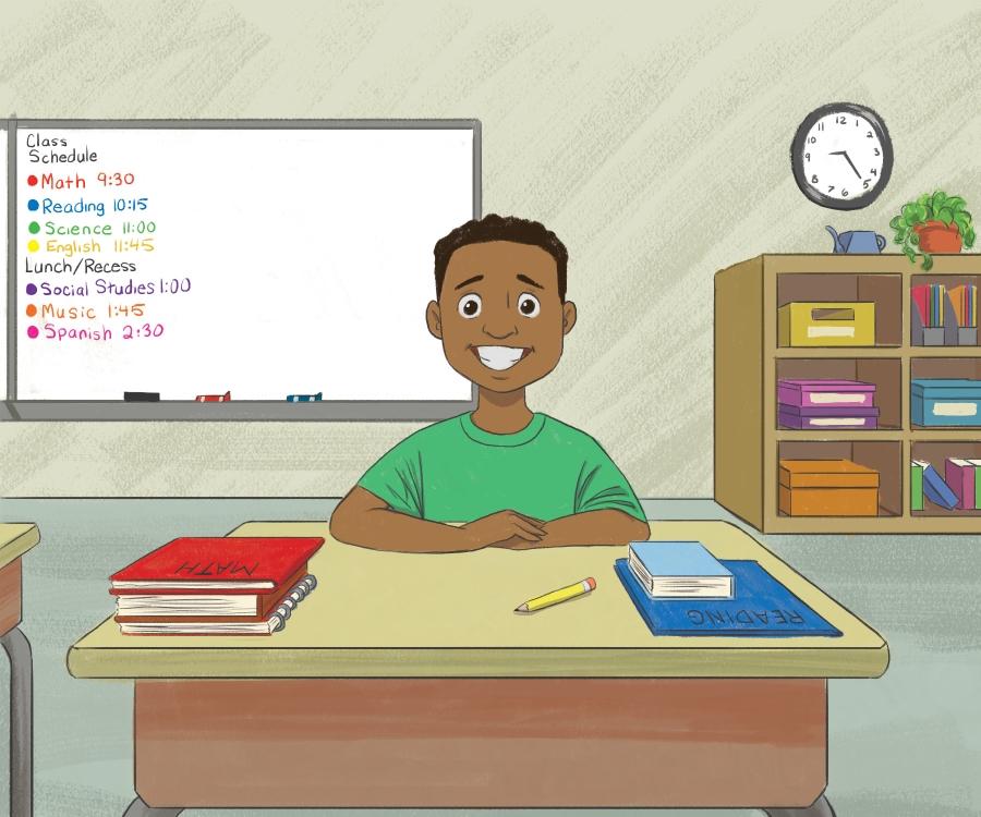 A cartoon of a student at his desk in a classroom