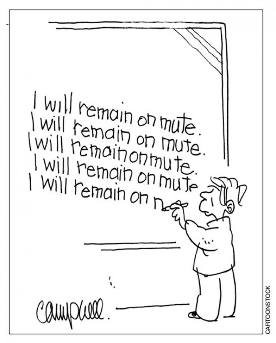 Kid at chalkboard writing "I will remain on mute" repeatedly