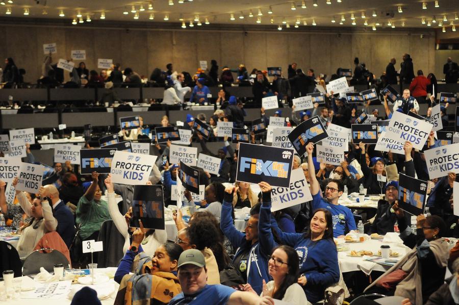 Energized UFT Lobby Day participants display placards about protecting children and fixing  Tier 6 as they prepare to lobby their legislators in groups at Lobby Day in Albany on March 10, 2025. 
