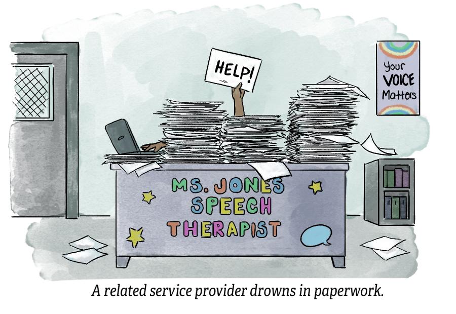 A cartoon of a related service provider drowning in paperwork. 