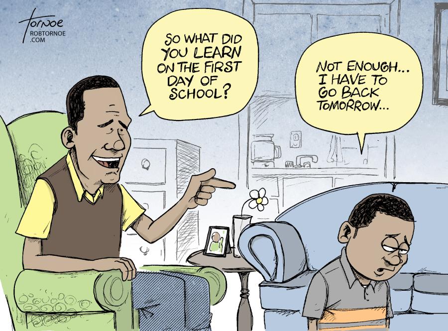 A cartoon of a father asking his son what he learned on his first day of school