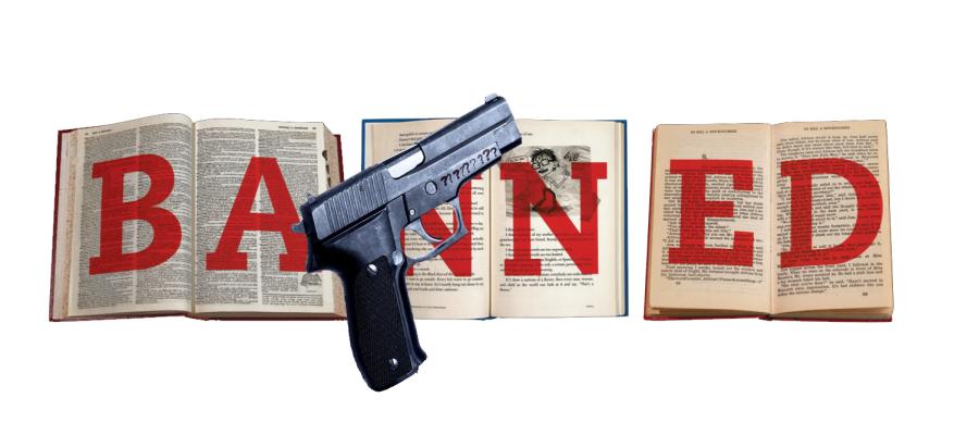Books with the word banned over them and a gun on top