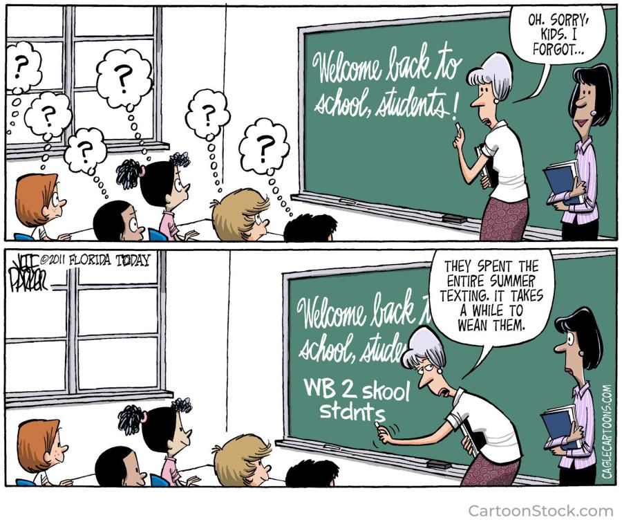 An editorial cartoon of a teacher welcoming students back to classs.