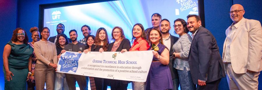 Members of Queens Technical HS stand proudly as Team High School award-winners.