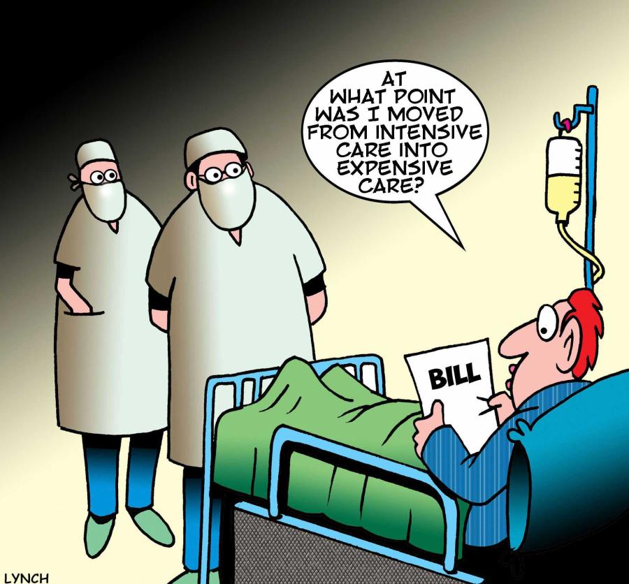 Cartoon depicting patient receiving hospital bill