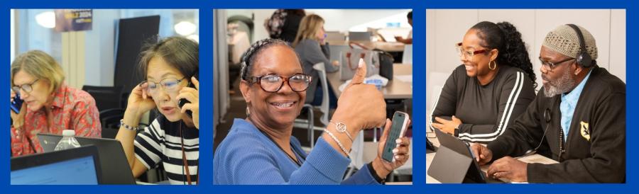 Banner with three images of UFT members participating in phone banks from past elections