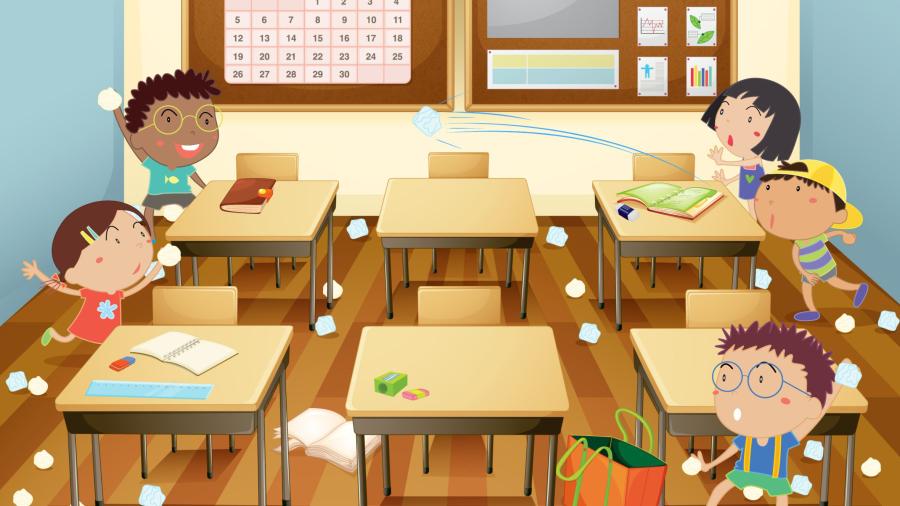 An illustration shows a group of young students throwing paper at each other in a classroom