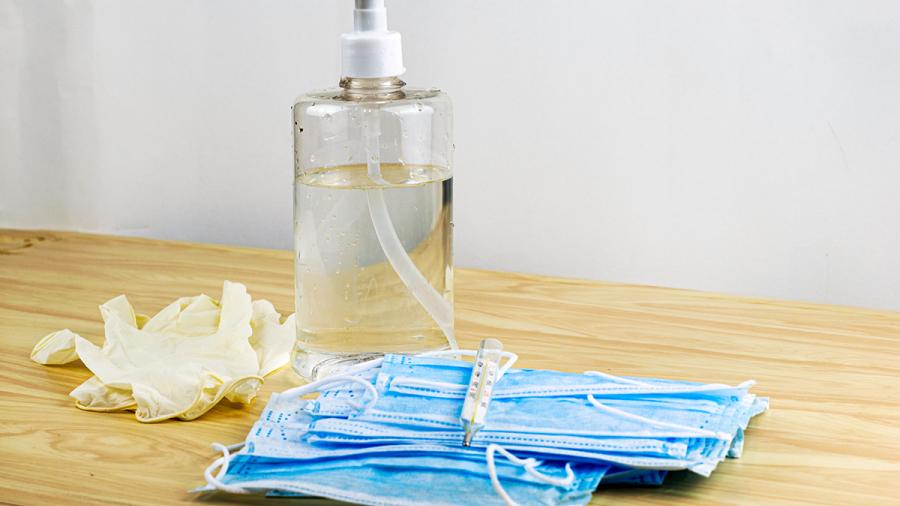 Rubber gloves, sanitizing and face masks