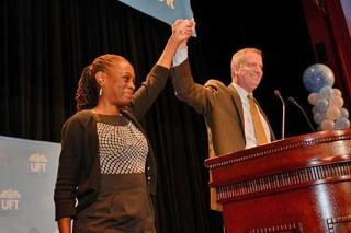 Mayor-elect Bill de Blasio and his wife, greet the Teacher Union Day crowd.