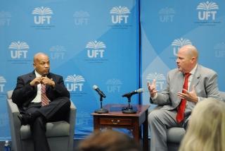 Heastie (left) and Mulgrew discuss the budget issues.