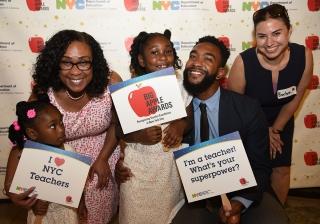 On hand to celebrate award recipient Damen Davis of IS 303 in the Bronx are (fro