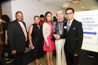 Eadie Shanker, a UFT retiree and the widow Albert Shanker, congratulates Albert 