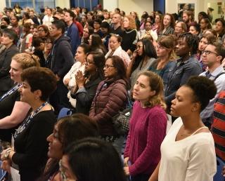 Participants pack Shanker Hall at UFT headquarters in Manhattan for the event.