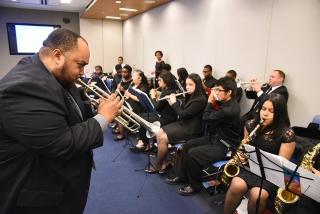 Steven Oquendo (standing) and the Pelham Preparatory Jazz Band provided the day’