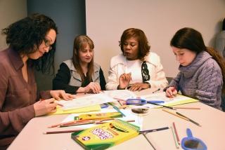 Testing new art techniques for the classroom are (from left) teacher Jennifer Go