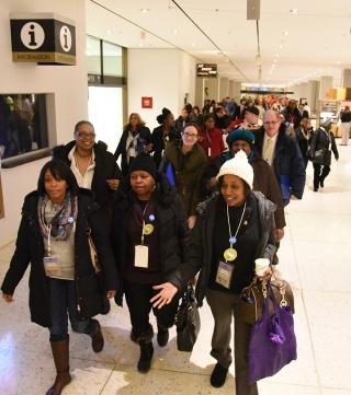 UFT members stride through the halls as they begin their day of lobbying elected