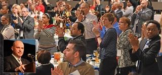 UFT President Michael Mulgrew (inset) addresses the 1,100 member-lobbyists.