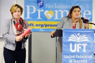UFT Vice President for Education Evelyn DeJesus (right) addresses participants a