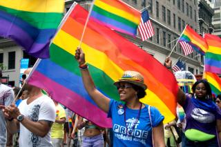 Bronx Lab School teacher Nilda Dontaine wore rainbow for the occasion.