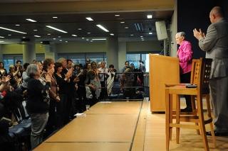 Diane Ravitch receives a standing ovation from UFT President Michael Mulgrew (on