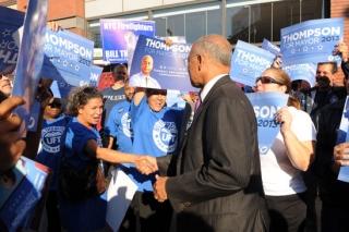 UFT members campaigning for Thompson at a Harlem transit hub