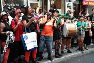 Protesters demonstrate outside a fast-food restaurant in lower Manhattan.