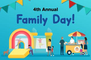 A bouncy house and a food cart are shown to promote UFT Family Day